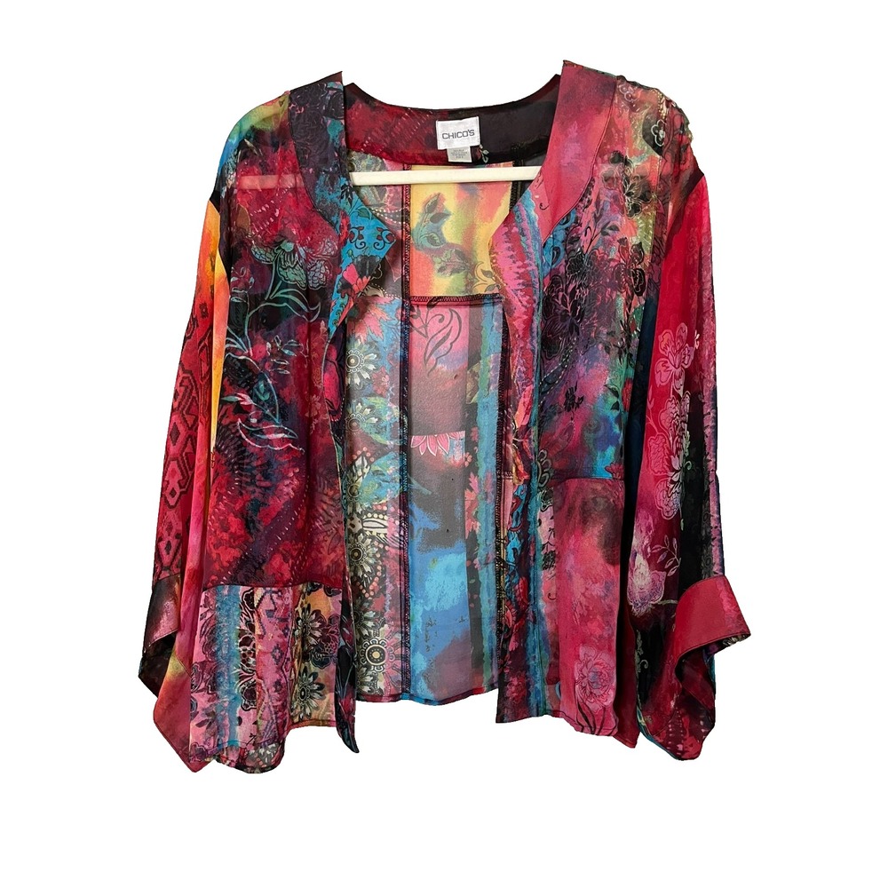 Chicos Silk Floral Kimono Jacket Sheer L Boho Patchwork Artsy Resort Chic Glam